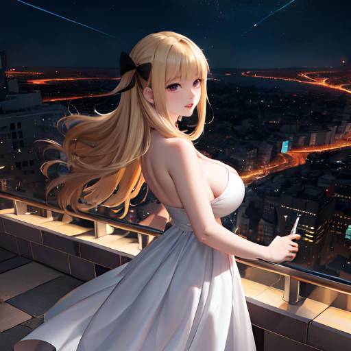 Aesthetic Anime Girl on Rooftop at Night