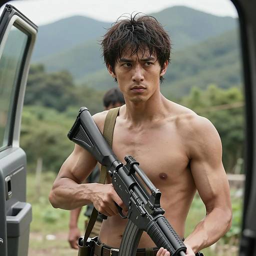 Intense Shirtless Man in Forest Scene