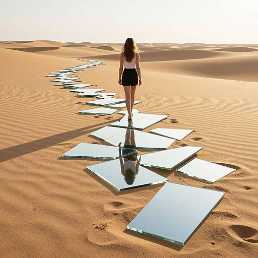 Photograph of a woman with long brown hair, wearing a white top and black skirt, walking on reflective metal plates through a sunlit, sandy desert