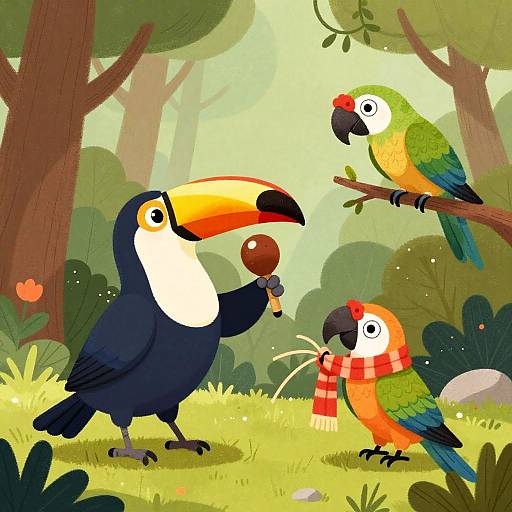 Colorful cartoon forest scene: blue toucan with large yellow beak, green and orange parrot with red scarf, standing on grass, interacting on