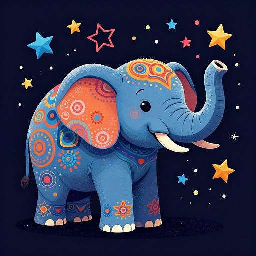 Colorful digital illustration of a blue cartoon elephant with orange and red floral patterns, standing against a dark blue background with multicolored stars.