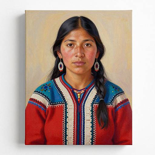 Photograph-style painting of a young Indigenous woman with long black hair, wearing a red, blue, and white embroidered traditional dress, large hoop earrings,