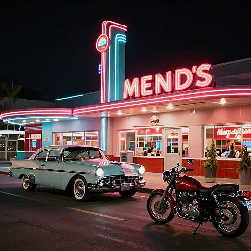 1950s Style Neon Diner with Classic Cars and Motorcycle