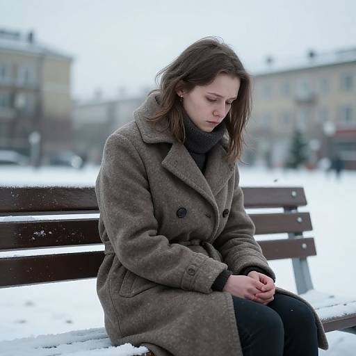 Photograph of a sad young woman with fair skin and brown hair, wearing a gray coat and black turtleneck, sitting on a snow-covered wooden