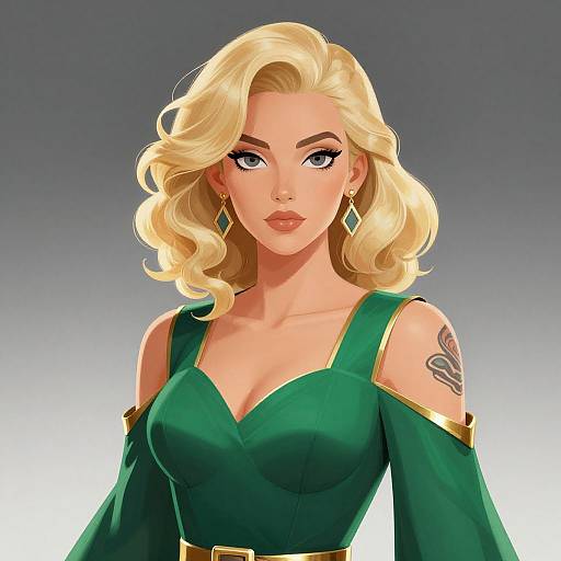 Curly Blonde Woman in Emerald Dress