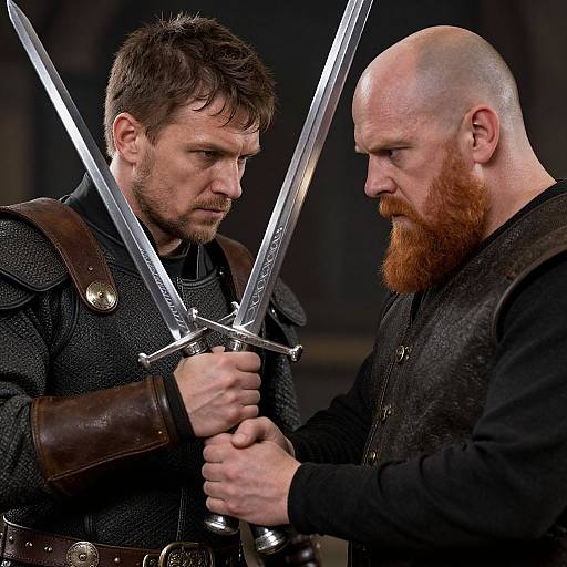 Photograph of two medieval warriors with serious expressions, holding crossed swords. One has dark hair and beard, the other is bald with a red beard,