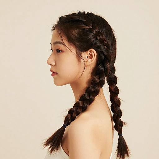 Side profile photograph of an Asian woman with fair skin, long black braided hair, small mole on her cheek, wearing a white sleeveless top,