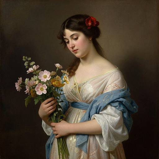 Portrait of a fair-skinned woman with dark hair, wearing a white, lace-trimmed dress, blue shawl, holding a bouquet of pink
