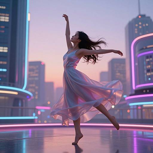 Dancer in Futuristic Neon Cityscape at Dusk