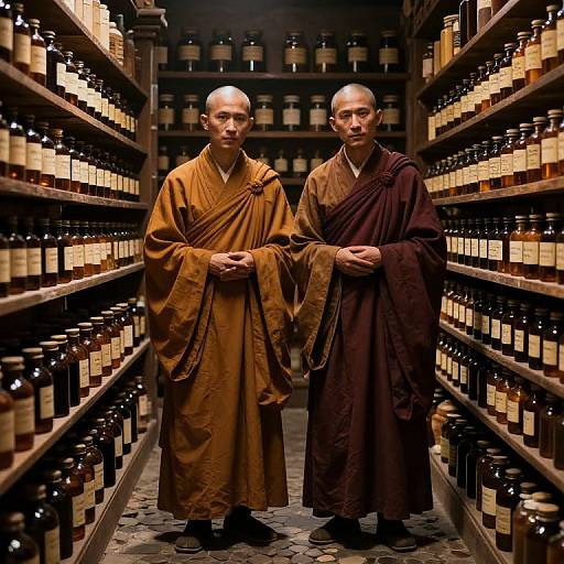 Photograph of two bald Buddhist monks in orange and brown robes, standing in an aisle of shelves filled with labeled bottles.