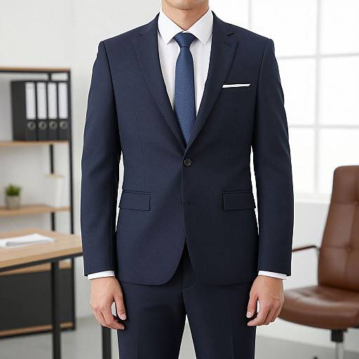 Photograph of a man in a dark navy suit, white shirt, and blue tie, standing in a modern office with white walls and black shelving
