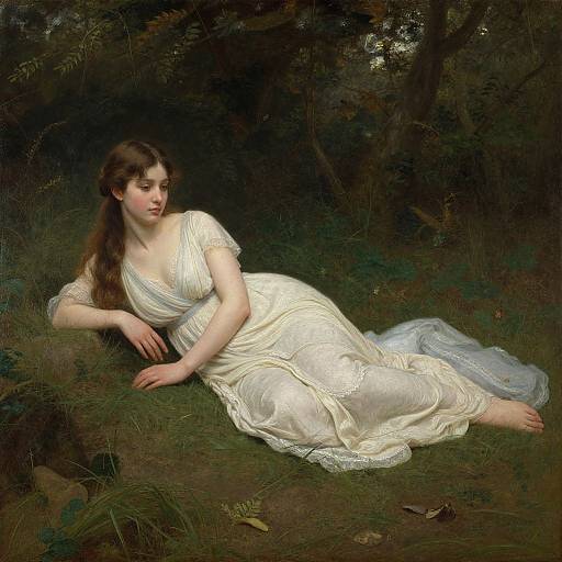 Photograph-style painting of a fair-skinned woman with long brown hair, wearing a white, off-shoulder dress, reclining in a dark