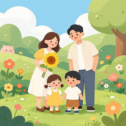 Cartoon family of four: mother in white dress, father in white shirt and blue jeans, two children in yellow and white clothes, holding sunflower