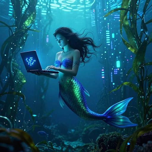 Melancholic Mermaid in Neon Kelp Forest