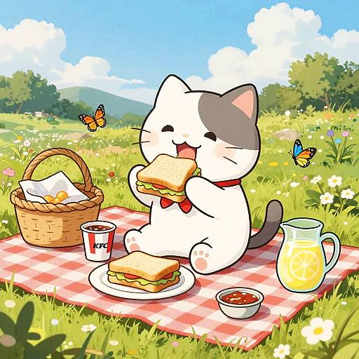 Adorable cartoon cat with gray and white fur eats a sandwich on a red checkered picnic blanket, surrounded by a basket, tea, and butterflies in