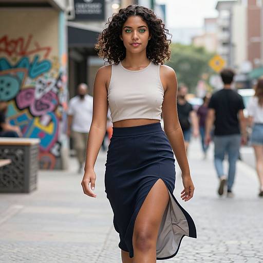 Photograph of a confident, curly-haired woman with brown skin, wearing a white crop top and black high-waisted skirt with a side slit,