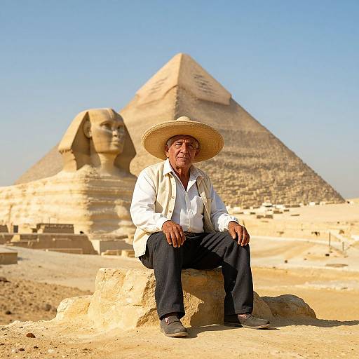 Photograph of an older man in a white shirt, black pants, and straw hat, sitting on a stone block in front of the Great Pyramid and