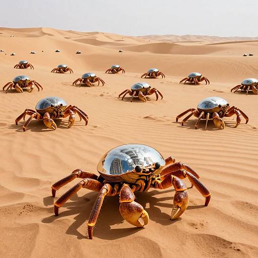 Photograph of a desert scene with numerous metallic, crab-like creatures with shiny domed heads, brown legs, and orange-brown exoskeletons