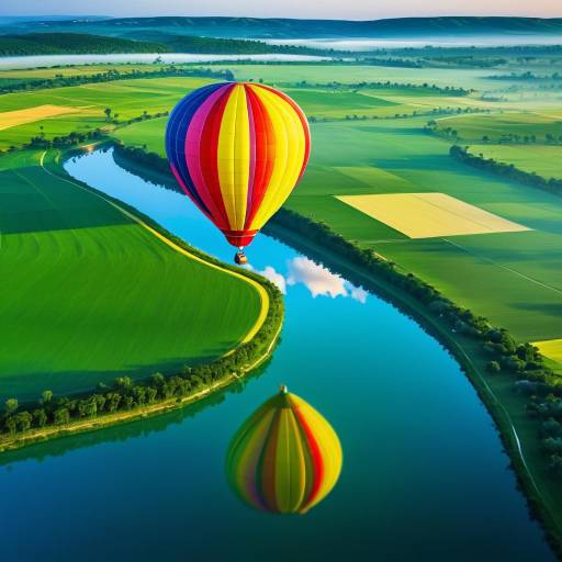 Colorful Hot Air Balloon Over Scenic River Landscape