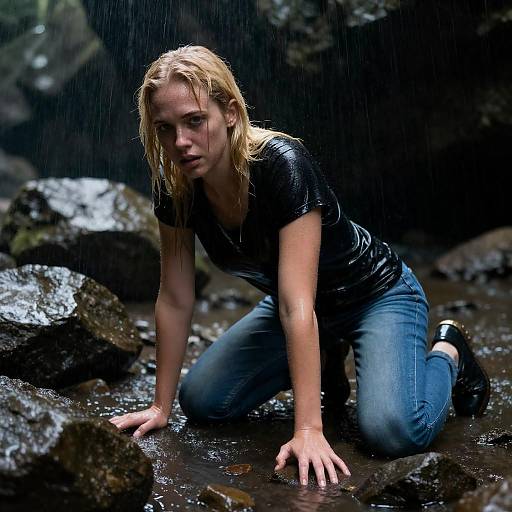 Dramatic Cave Scene with Wet Blonde Woman