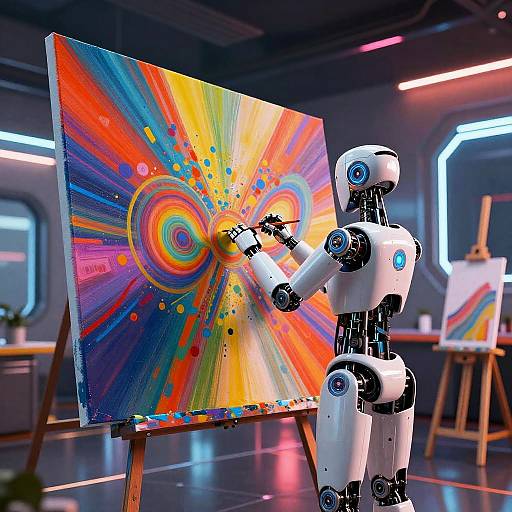 Photograph of a white, humanoid robot painting a vibrant, spiral rainbow abstract on canvas in a sleek, futuristic studio.