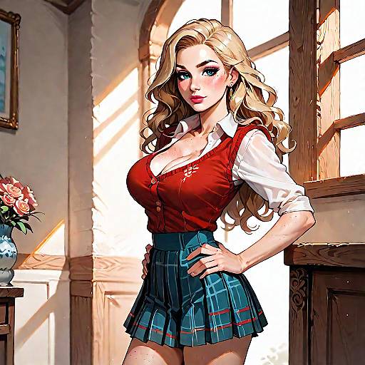 Blonde Woman in Plaid Skirt and Red Crop Top