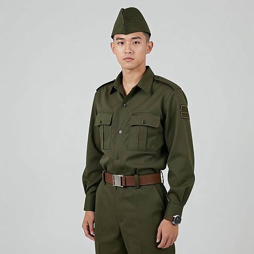 Photograph of a young Asian male soldier with short black hair, wearing a dark green military uniform, black beret, brown belt, and white background