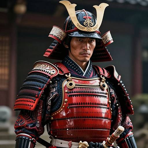 Photograph of a serious-looking male samurai in elaborate red and black armor with gold accents, standing in front of a traditional Japanese building.