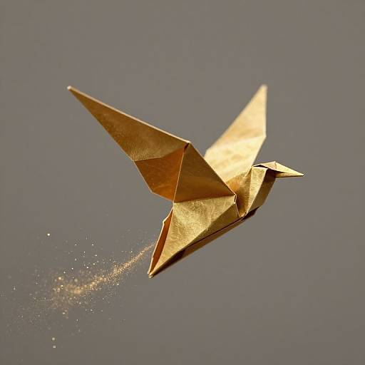 Photograph of a golden origami bird in mid-flight against a gray sky, with shimmering particles trailing from its wings.