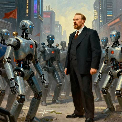 Digital painting of a bearded man in a black suit standing in a futuristic city street, surrounded by metal robots with blue and red lights. Neon skys