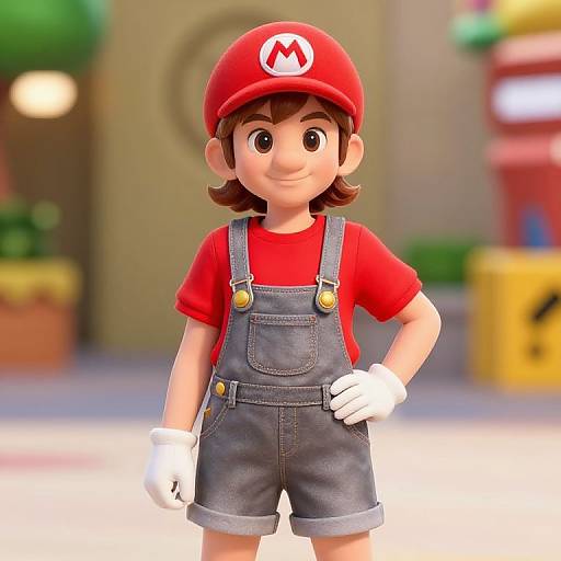 3D CGI image of a young, smiling Mario character with brown hair, red shirt, denim overalls, white gloves, red hat, and 