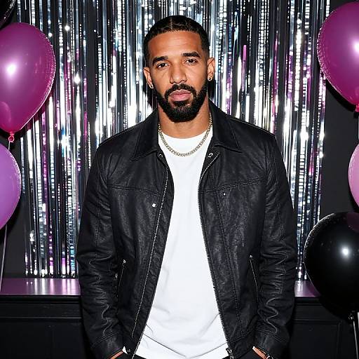 Photograph of a bearded man with medium brown skin, black jacket, white shirt, chain necklace, standing against shiny silver curtains with purple and black