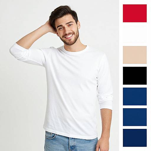 Photograph of a smiling, bearded man with dark hair, wearing a white long-sleeve shirt and blue jeans, against a white background with