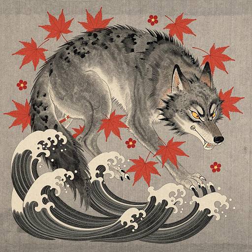 Mythical Wolf in Japanese Ukiyo-e Style