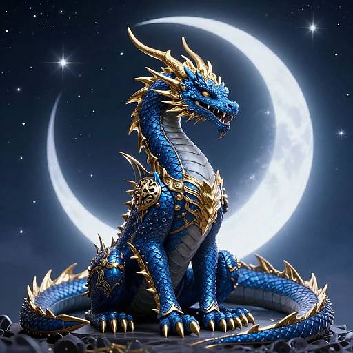 Digital artwork of a regal blue dragon with golden horns and armor, sitting under a glowing crescent moon in a starry night sky.