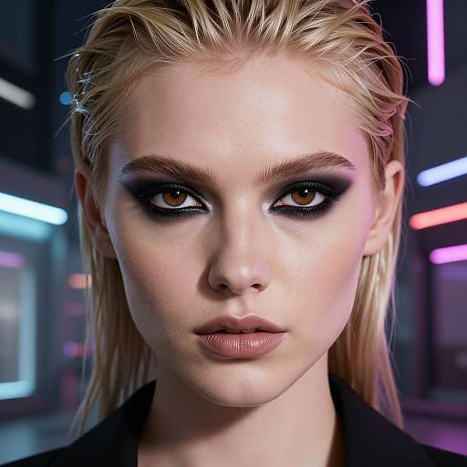 Digital portrait of a blonde woman with striking black smoky eye makeup, pale skin, and neutral lips, set against a neon-lit urban background.