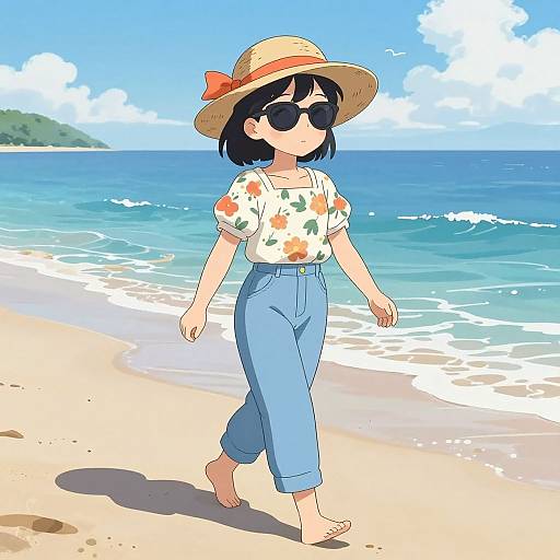 Anime Girl Strolling Beachside