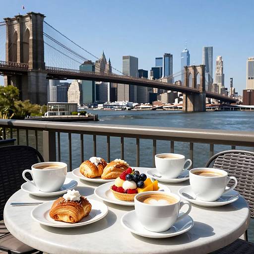 Photograph of a sunny outdoor café table with white cups, pastries, and fruit, overlooking the Brooklyn Bridge and Manhattan skyline.