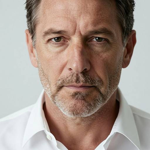 Close-up photograph of a middle-aged man with graying hair and beard, wearing a white shirt, against a plain white background.