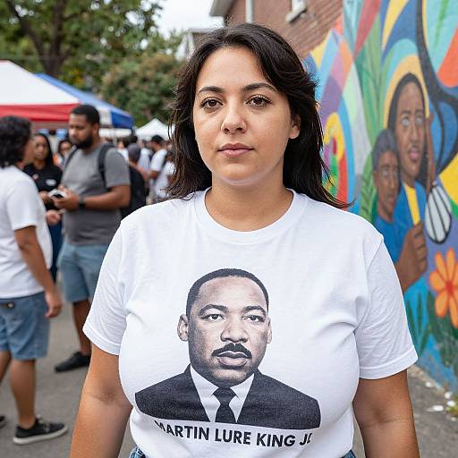 Photograph of a Latina woman with long black hair, wearing a white T-shirt with Martin Luther King Jr.'s portrait, standing in front of vibrant