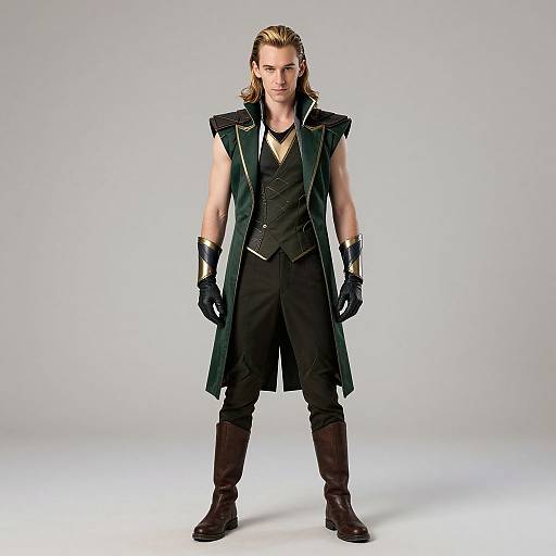 Photograph of a muscular man with blonde hair, wearing a dark green sleeveless coat, black vest, gloves, pants, and boots, standing against