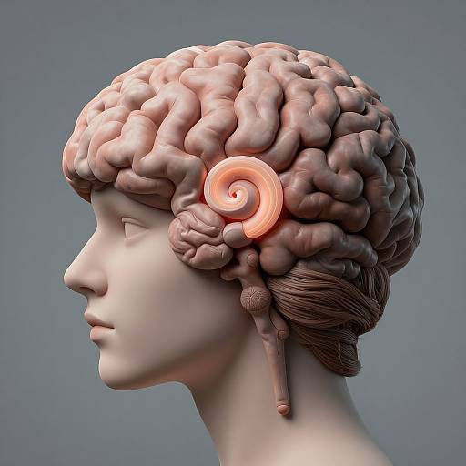 Digital CGI of a white, classical-style bust with a detailed, exposed brain and glowing, spiral-shaped light on the left temple.