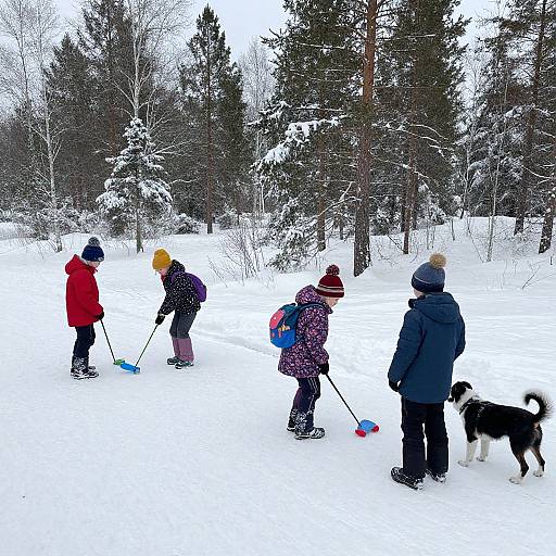Photograph of five children in winter clothes and snowshoes, using colorful snow shovels, with a black and white dog, in a snowy