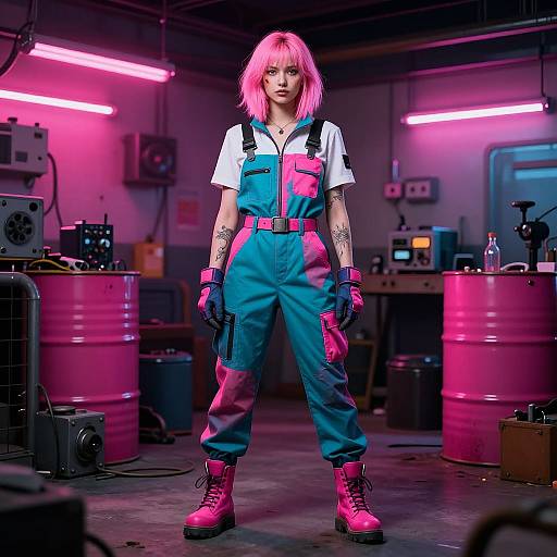 Photograph of a pink-haired woman in neon pink and blue overalls, gloves, and boots, standing in a dimly lit, industrial workshop with