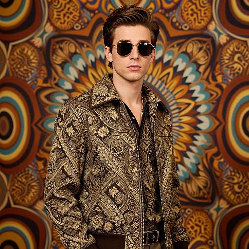 Photograph of a stylish young man with short brown hair, wearing dark sunglasses and a detailed brown snake-print jacket, standing against a vibrant, psychedelic,