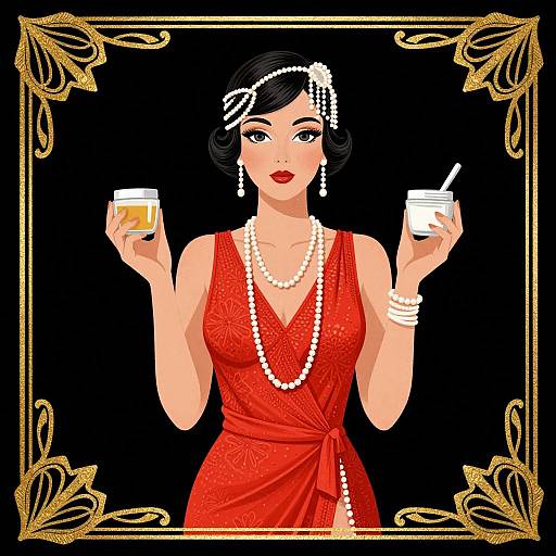 Digital illustration of a stylish woman in a red dress, pearl necklace, and headpiece, holding two cocktails, set against a black background with ornate