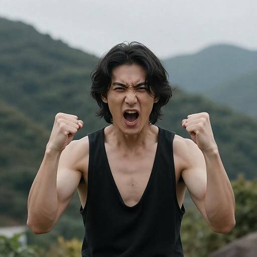 Muscular Man Showing Fierce Emotion Outdoors