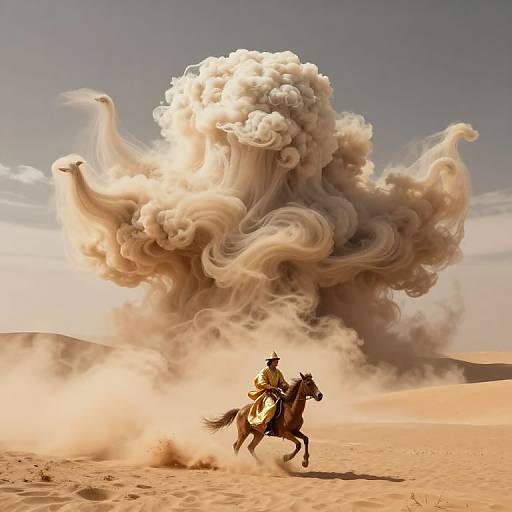 Photorealistic digital artwork: Cowboy on horse gallops through desert, massive, swirling smoke cloud behind, golden sand, clear blue sky.