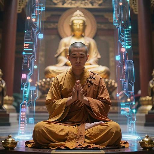 Photograph of a meditating Buddhist monk in orange robes, hands in prayer, surrounded by neon circuit patterns, with a golden Buddha statue in the background