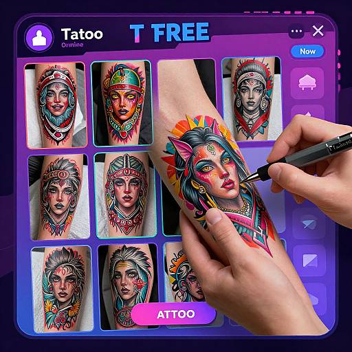 Digital tattoo app interface showing colorful tribal face tattoos, with a hand drawing a detailed tattoo on a forearm.